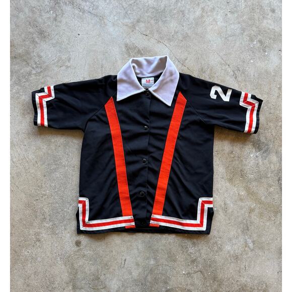 Vintage 1970s Champion Button Up Size Small Nylon Orange/Black Bowling Shirt - Picture 1 of 5